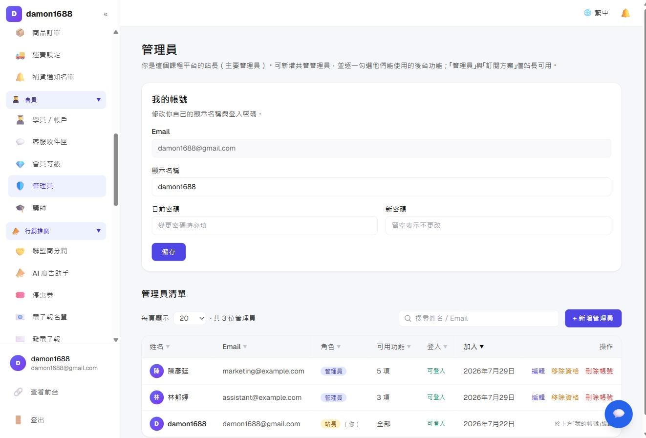 管理员列表：可看到每个人的角色、开放了几项功能、能不能登录