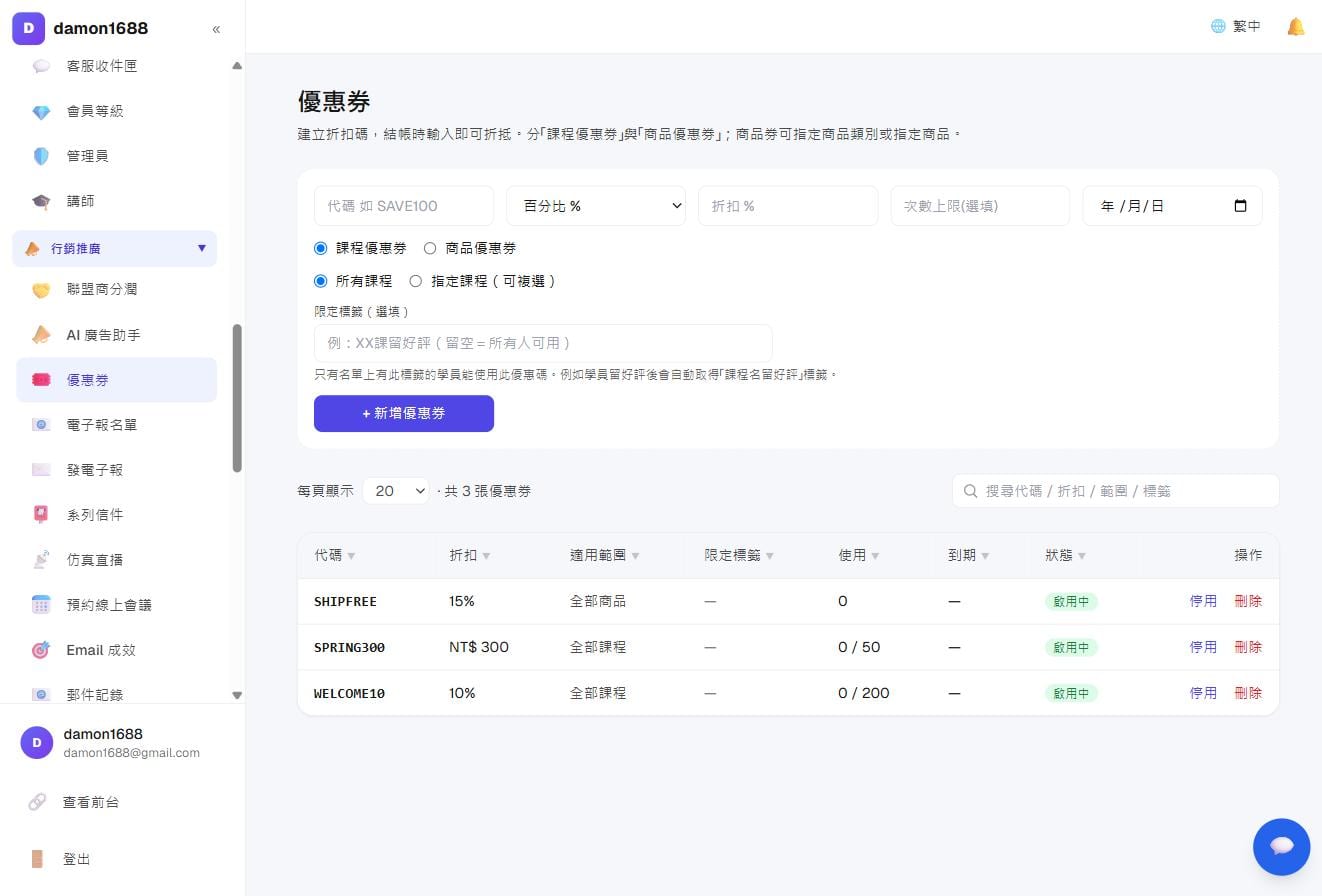優惠券列表：代碼、折扣、適用範圍、使用次數與狀態一次看完