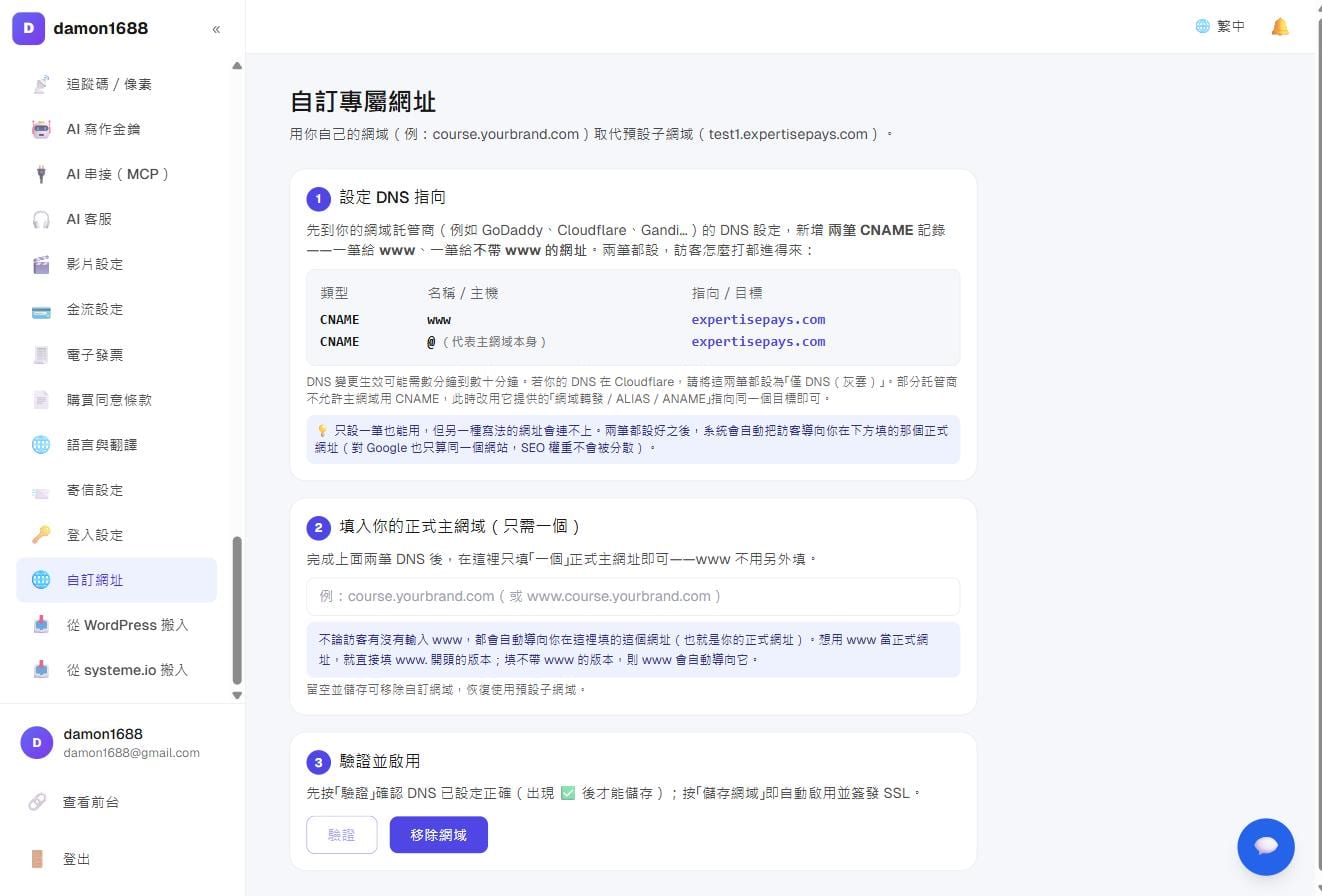 自訂網址設定頁：上方是要設定的兩筆 DNS 記錄，下方填入正式網址後驗證