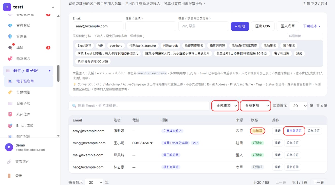 「邮件/电子报 → 邮件订阅名单」:添加、导出、导入,来源与状态筛选,「待确认」与「重发确认邮件」