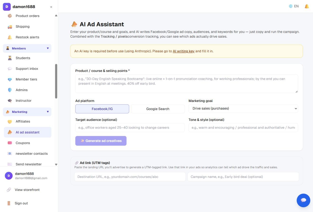 The AI ad assistant: fill in your offer and targeting to generate. The amber notice appears until an AI key is set
