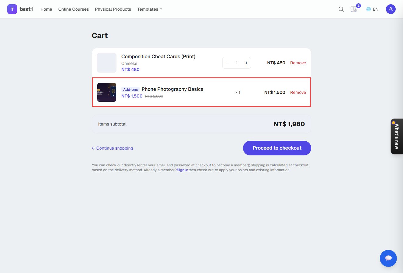 Cart: the product at NT$ 480 and an "Add-ons" course line at NT$ 1,500, quantity 1