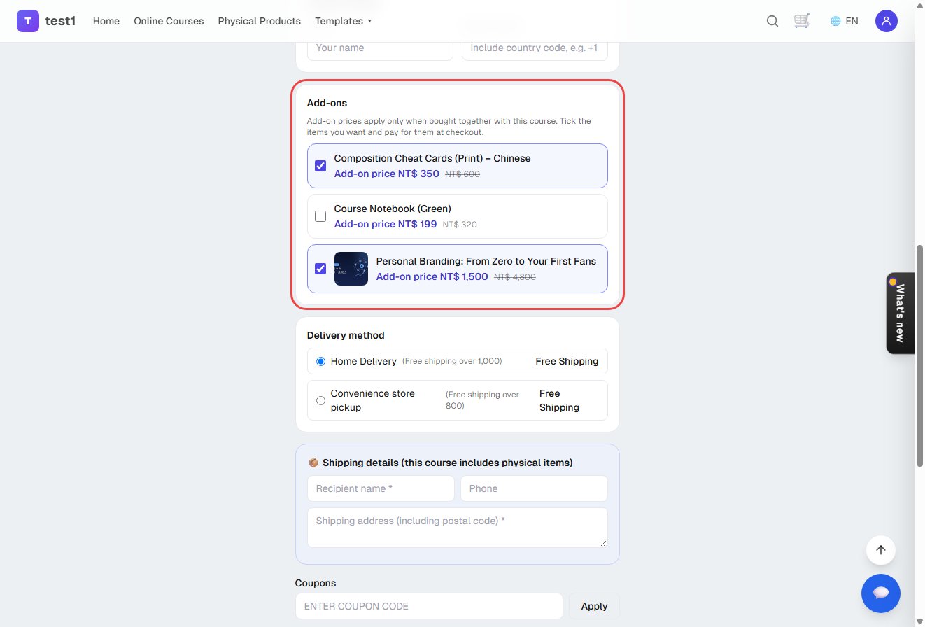 Checkout keeps the ticked add-ons; delivery method and shipping details appear below