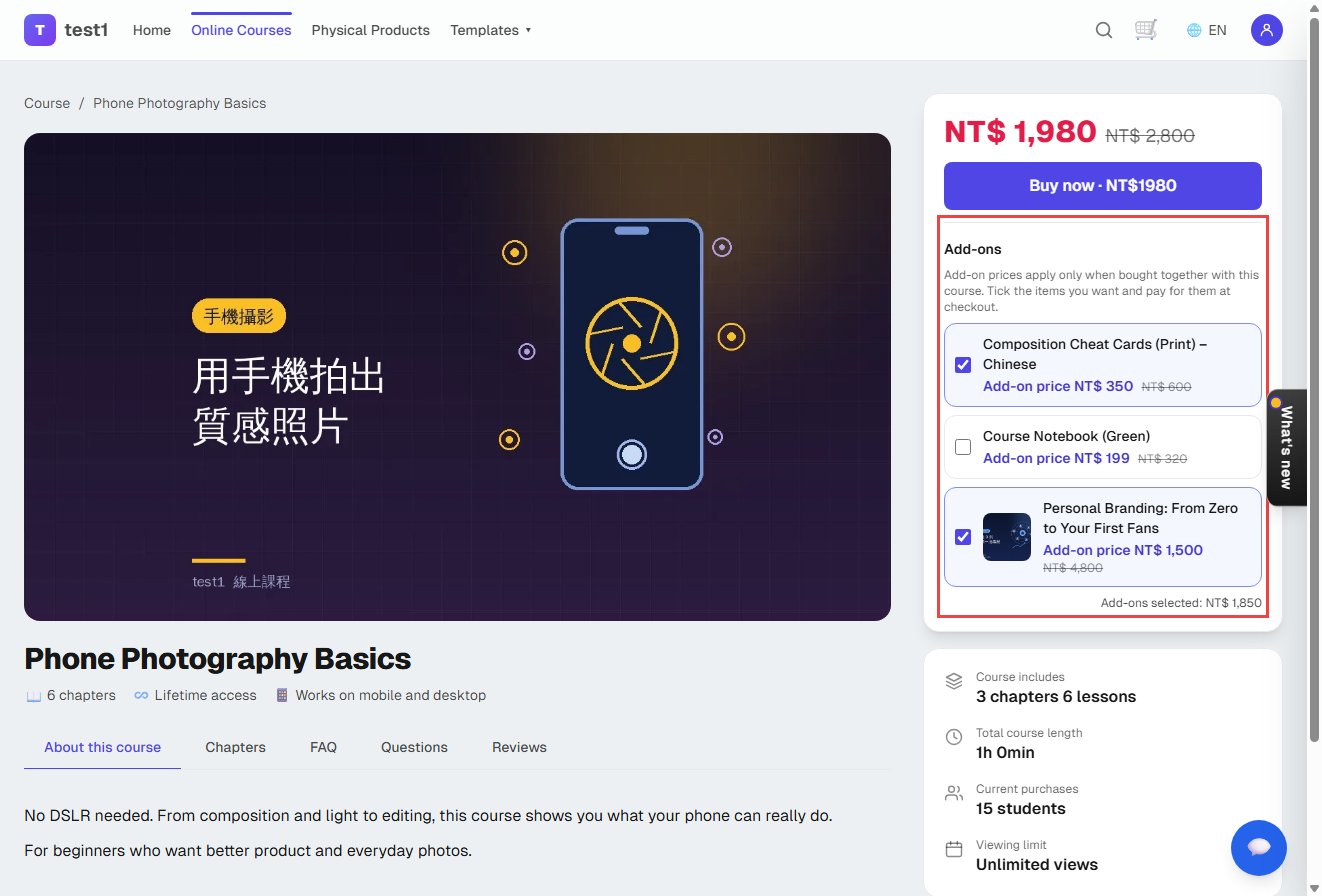 Course page add-ons list: two items ticked, add-ons selected NT$ 1,850