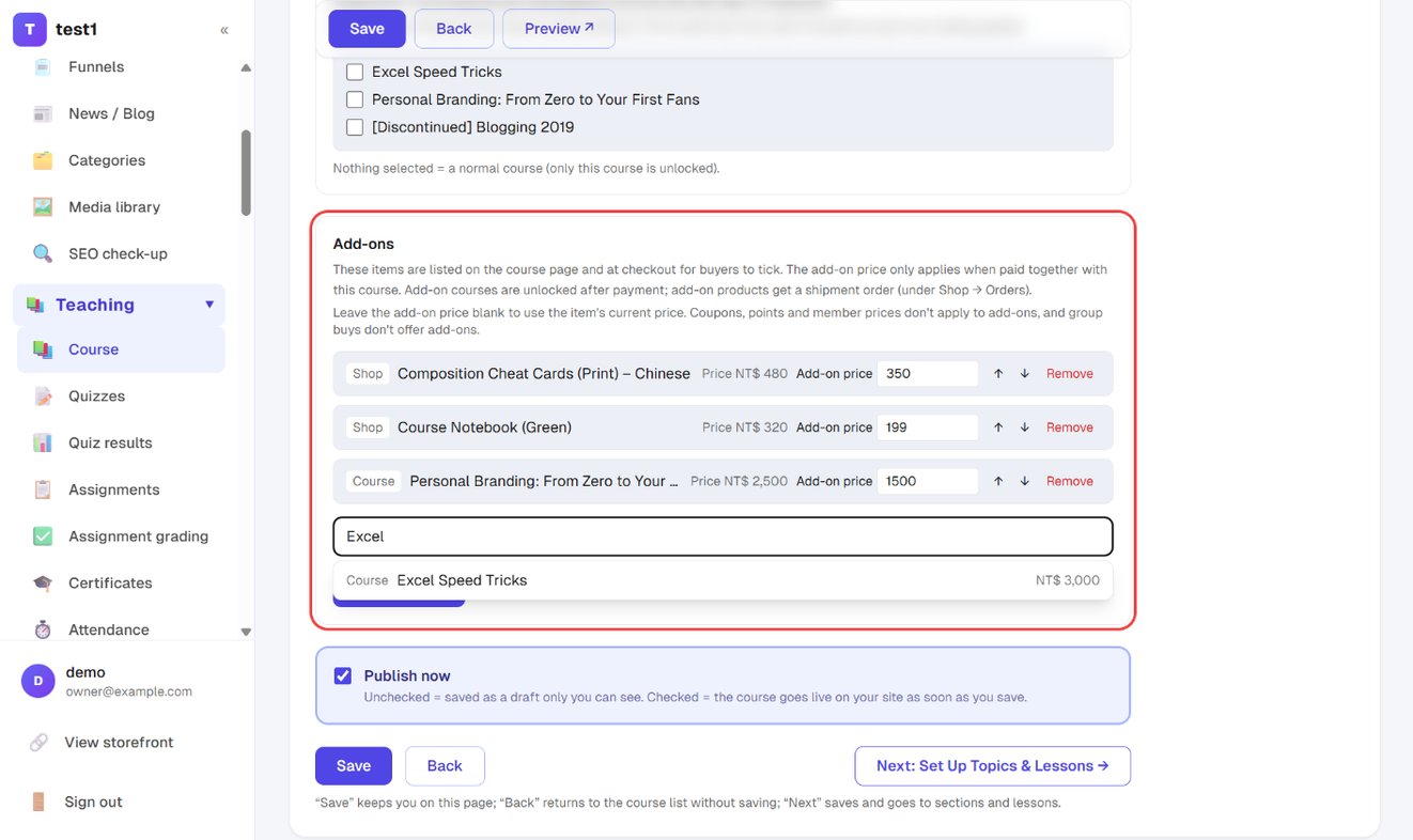 The add-on search box with a matching course in the dropdown
