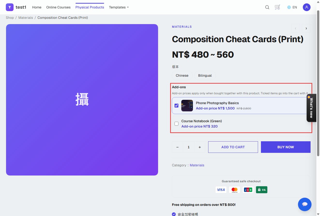 Product page add-ons list with a course ticked