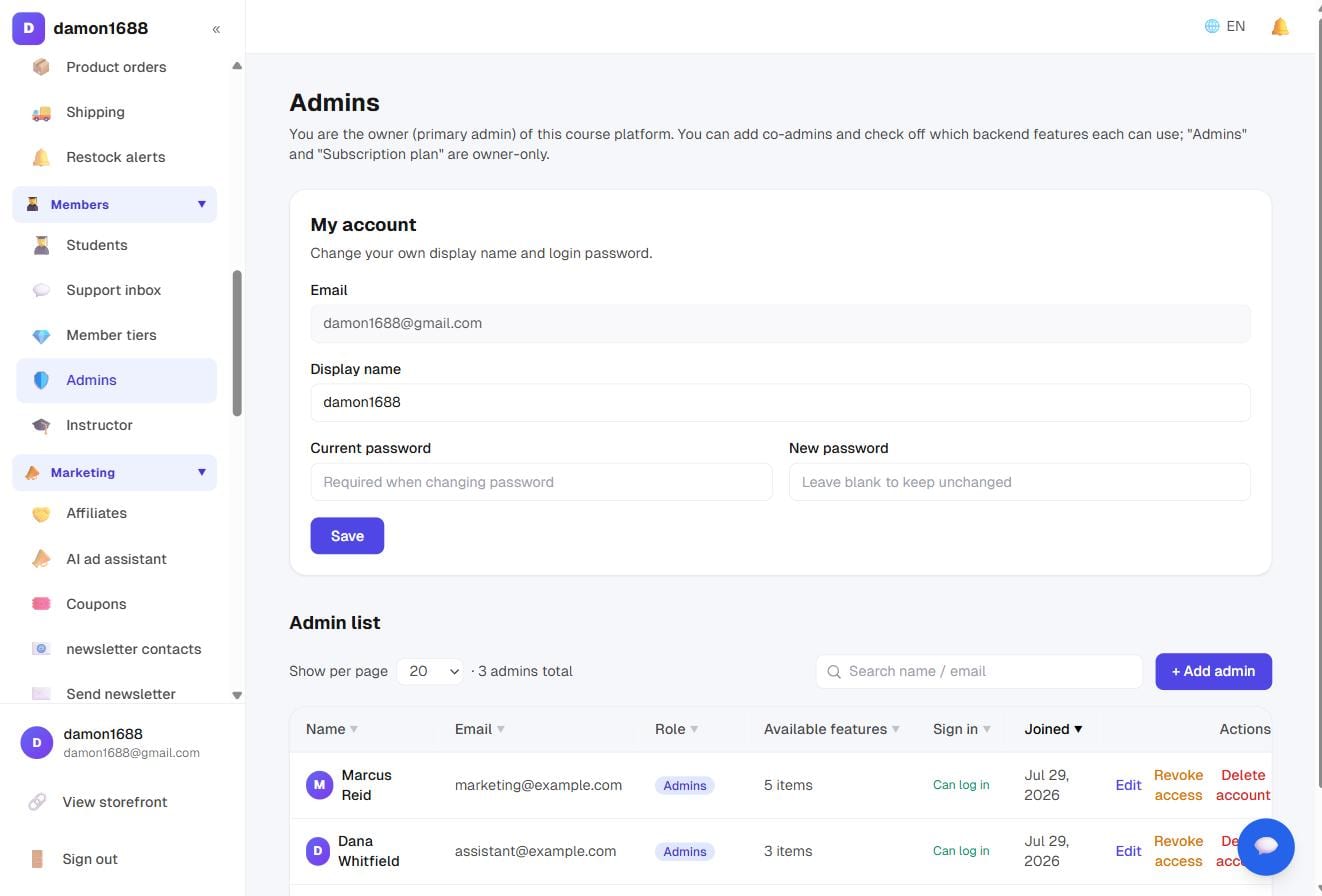 The admin list: role, how many features are enabled, and whether they can sign in