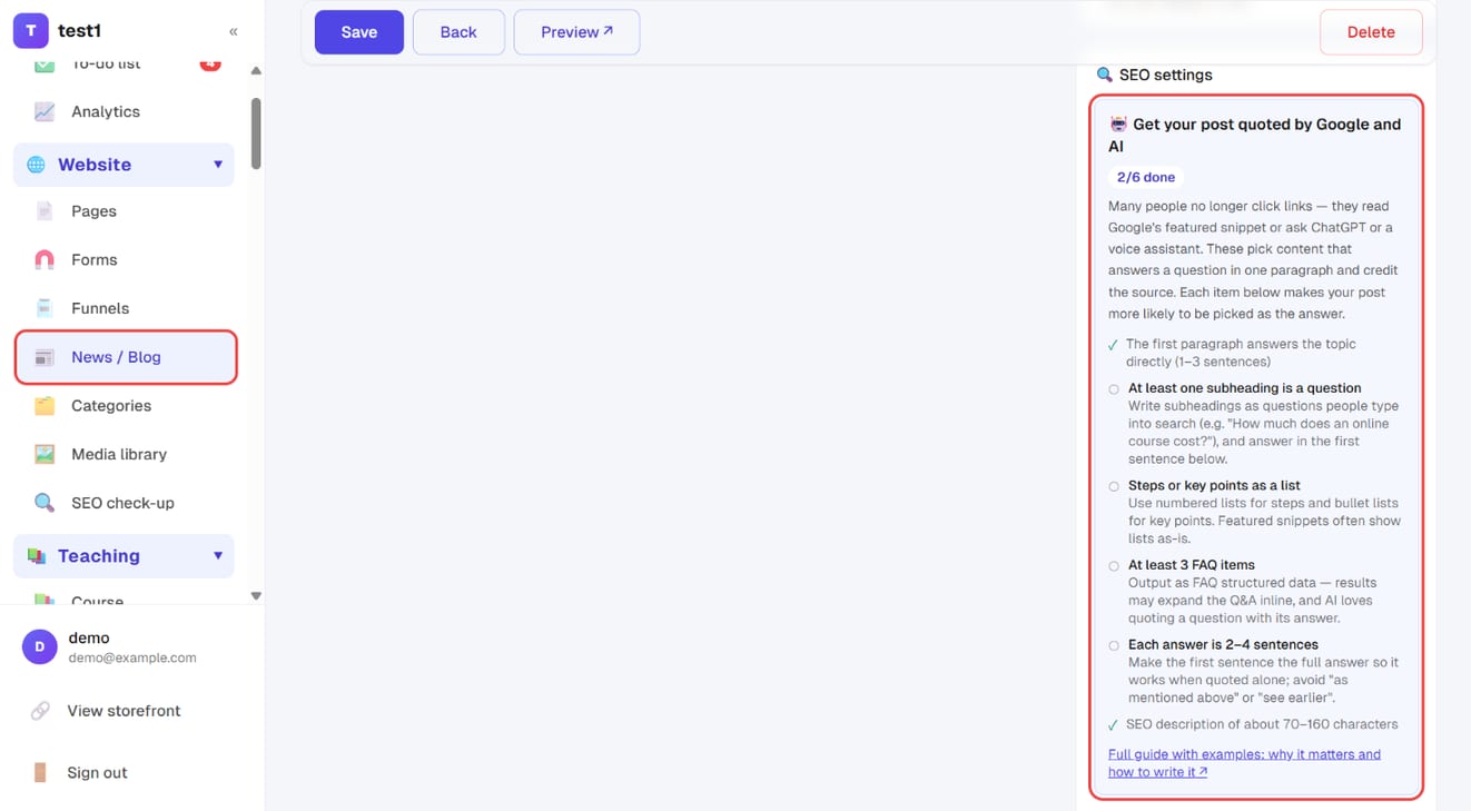 The "Get your post quoted by Google and AI" checklist in the right column of the post editor
