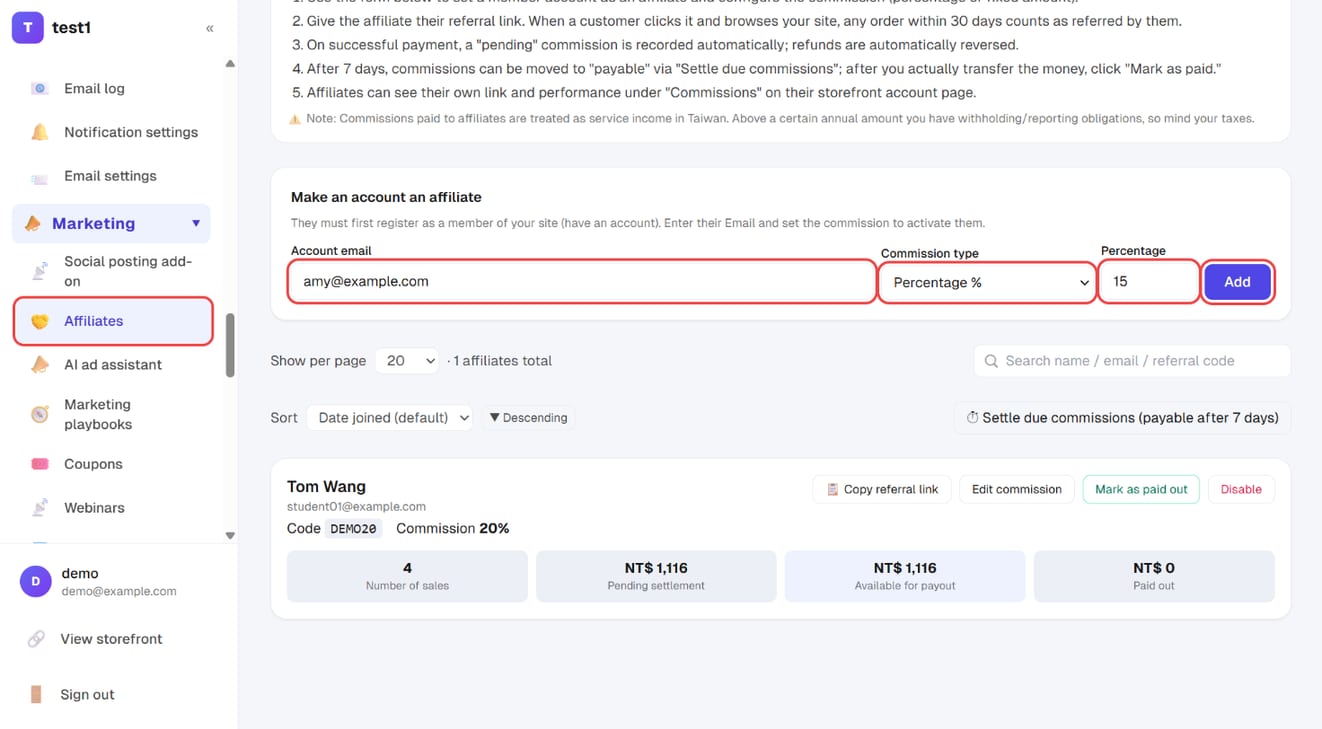 Marketing → Affiliates: enter the account email, commission type and value, then click "Add"
