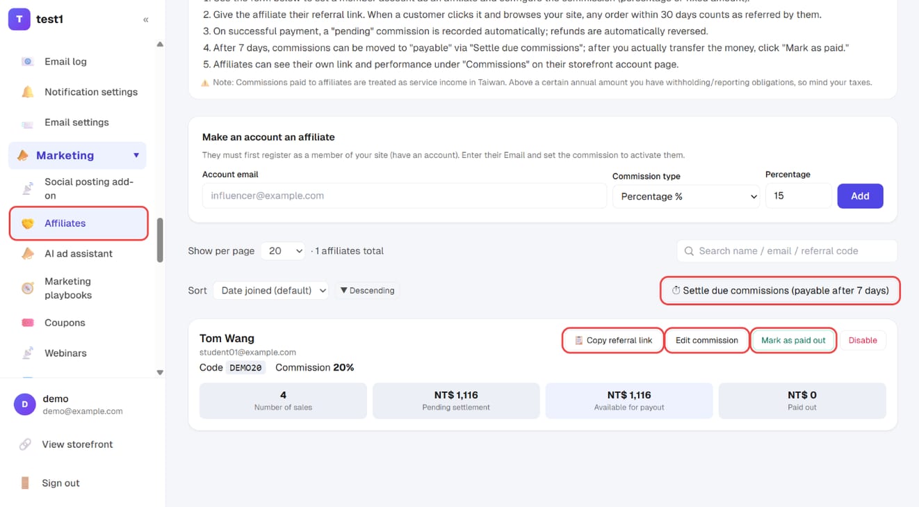 The affiliate card: copy referral link, edit commission, mark as paid out, and the pending / payable / paid-out amounts