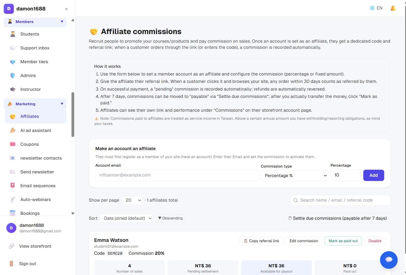 The affiliate list: each one's code, rate, and pending vs payable amounts