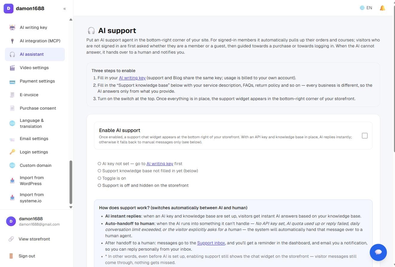 AI support settings: the three enable steps up top, with a live checklist of what is still missing