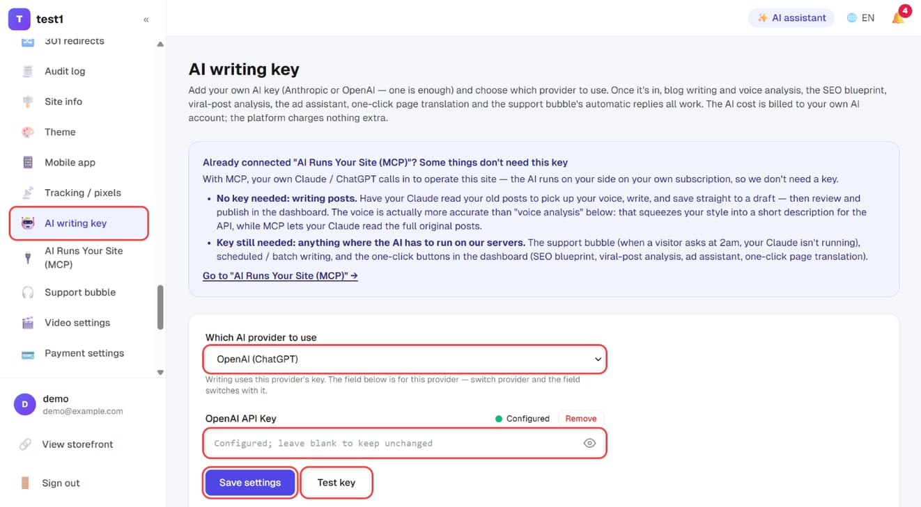Settings → AI writing key: paste the key and save