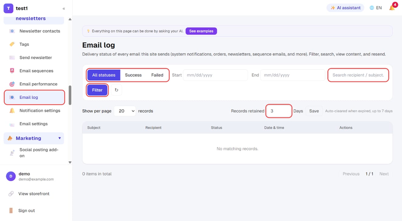 Email & newsletters → Email log: status filter, search, records retained and "Filter"