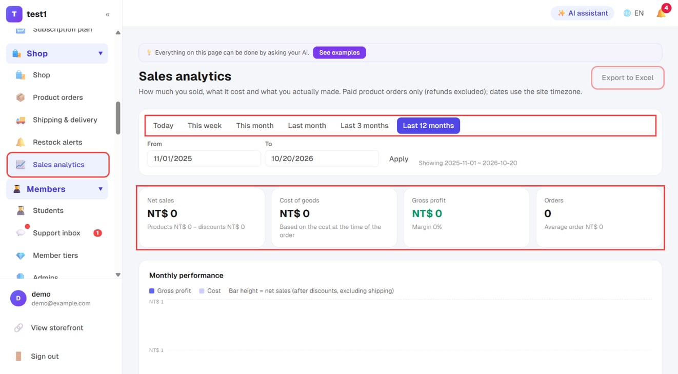 Shop → Sales analytics: date range, net sales, cost of goods, gross profit, orders and "Export to Excel"