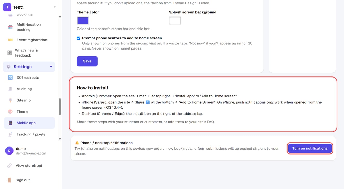 "How to install" for Android, iPhone and desktop, and "Turn on notifications"