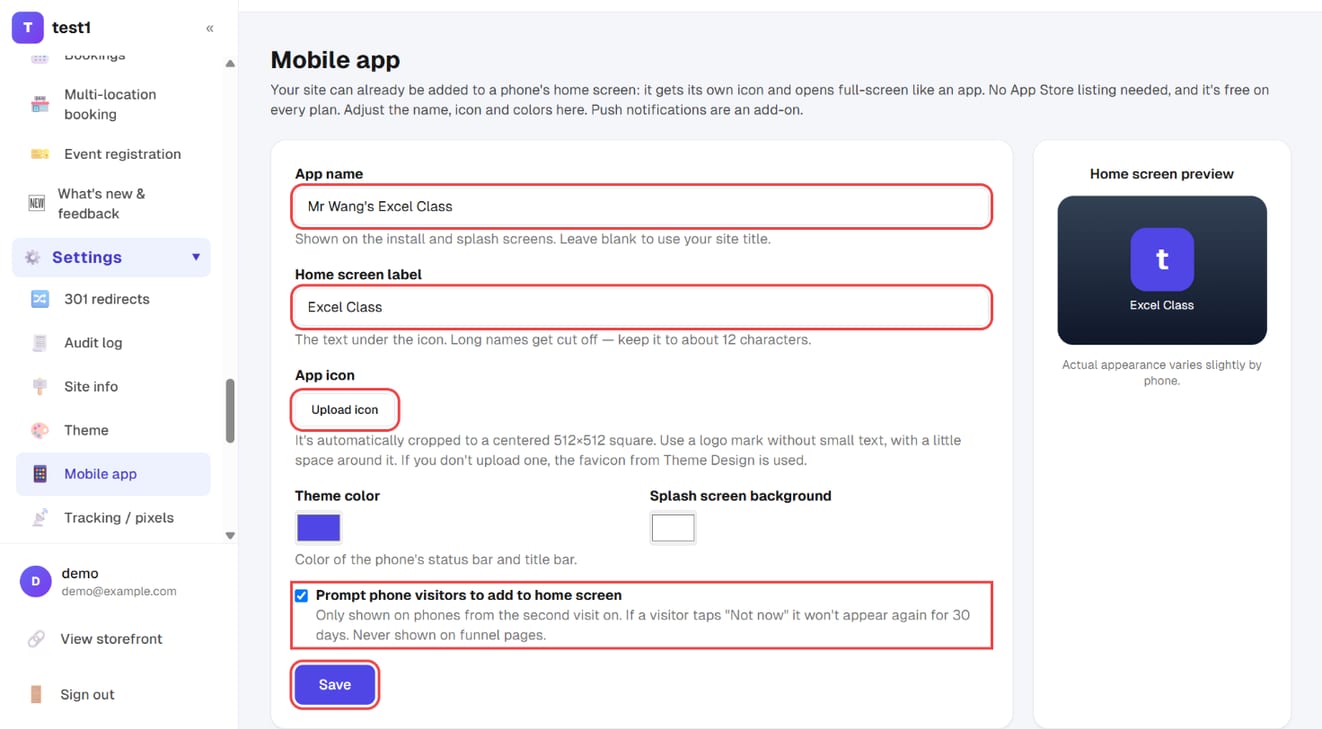 Settings → Mobile app: app name, home screen label, "Upload icon", install prompt and "Save", with the home screen preview
