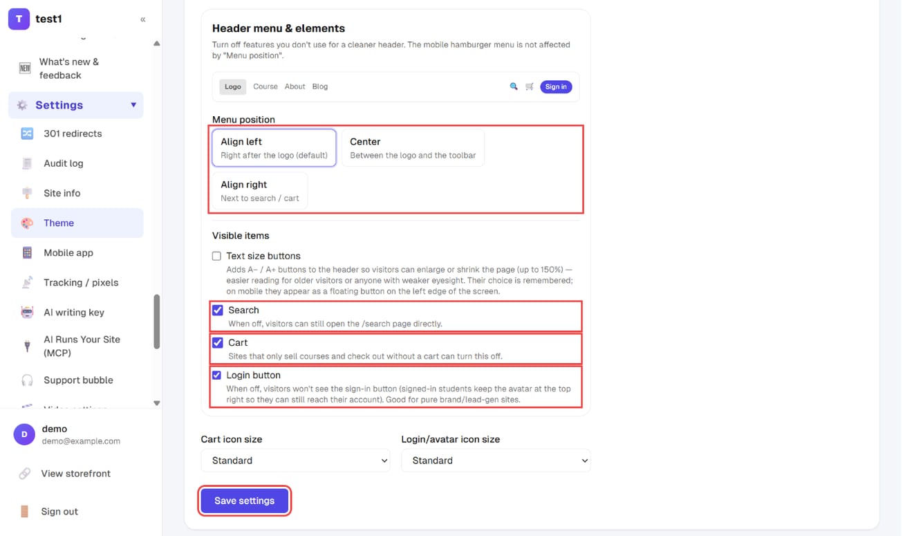 Header menu & elements: menu position, visible items and "Save settings"