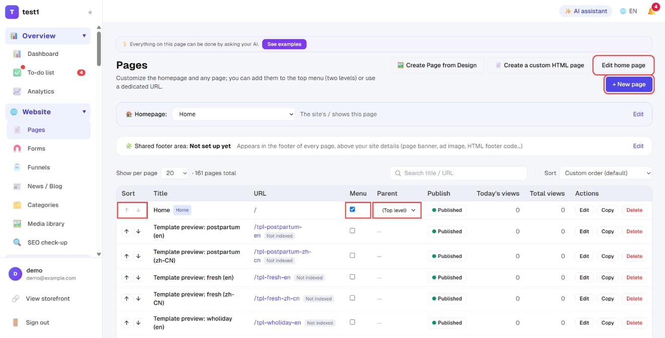 Website → Pages: the Menu tick, Parent, Sort and, top right, "+ New page" and "Edit home page"