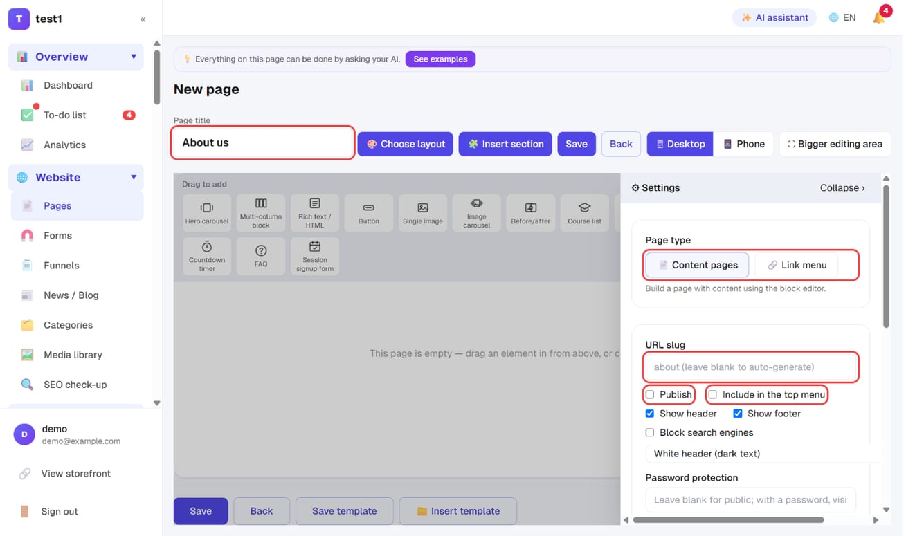 New page: the page title and, under "⚙ Settings", the page type, URL slug, Publish and Include in the top menu