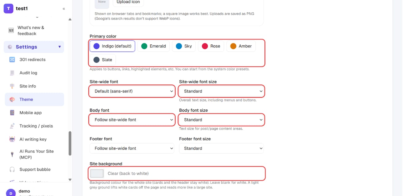 Settings → Theme: primary color, site-wide font and size, body font and size, site background