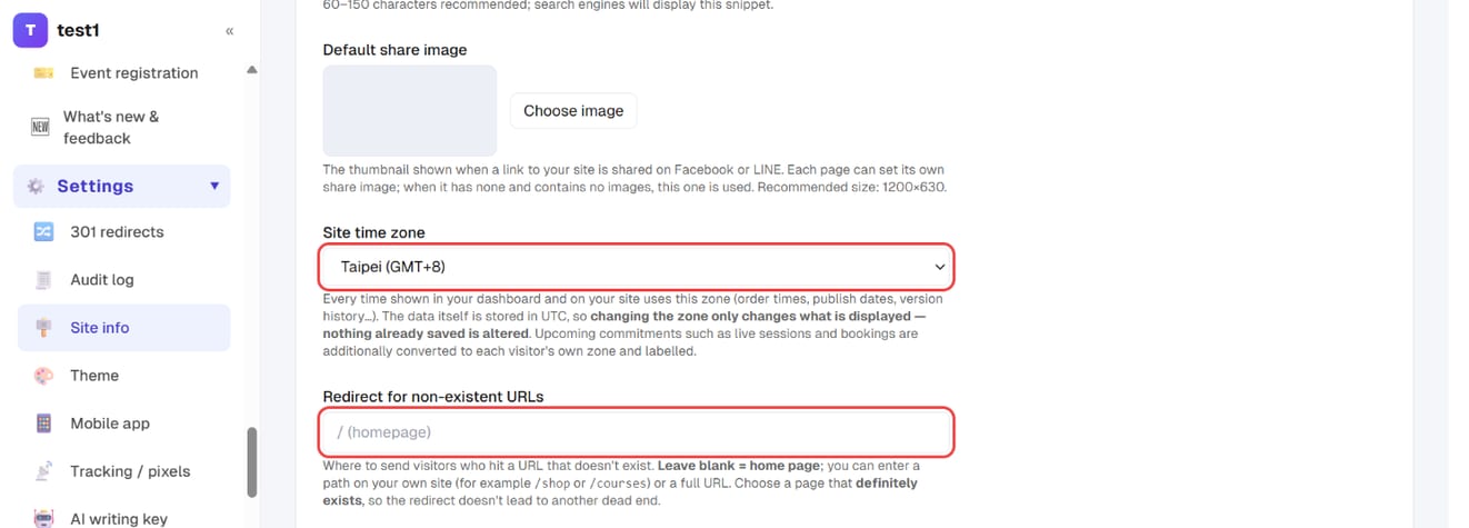 Settings → Site info: site time zone and the redirect for non-existent URLs