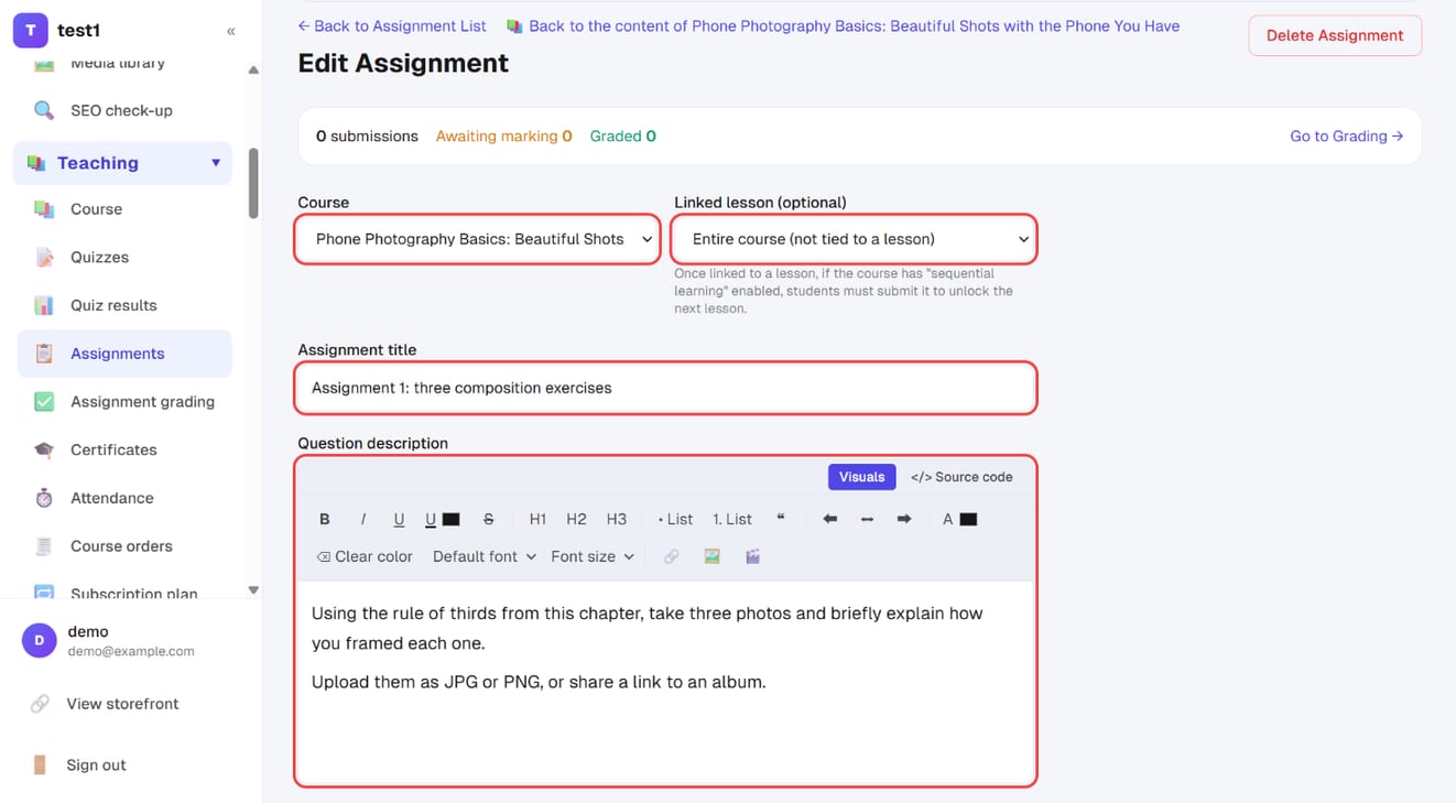 The assignment's course, linked lesson, title and question description