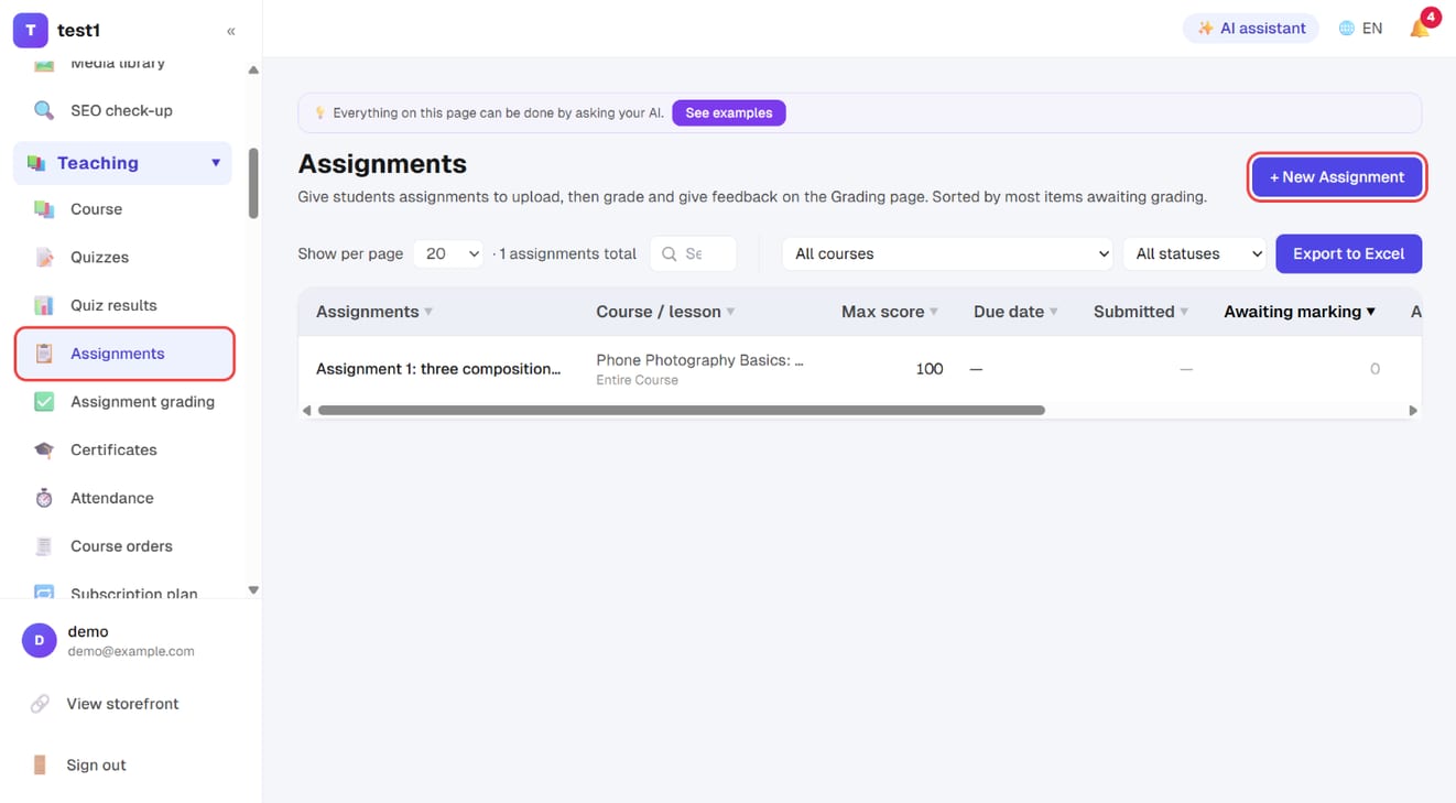 Teaching → Assignments: the assignment list, with "+ New Assignment" at the top right