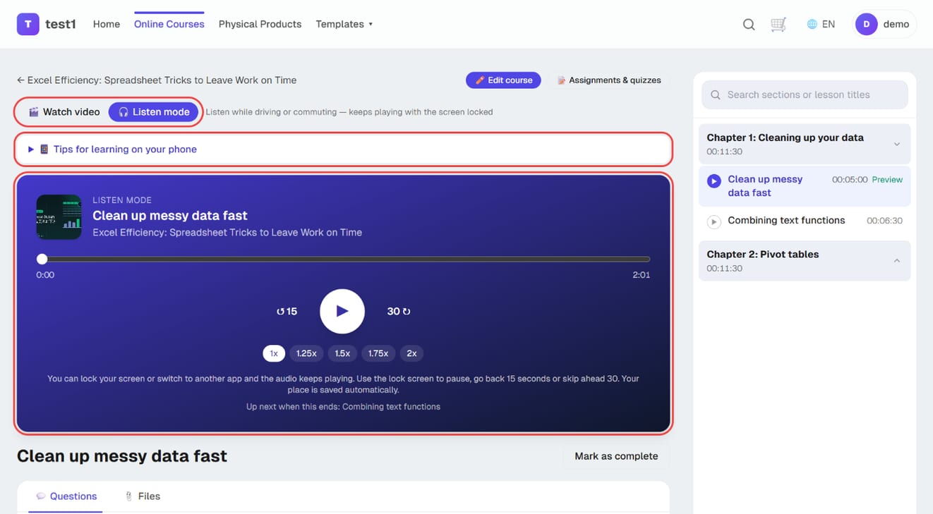 The student lesson page: the Watch video / Listen mode switch, "Tips for learning on your phone" and the Listen mode player