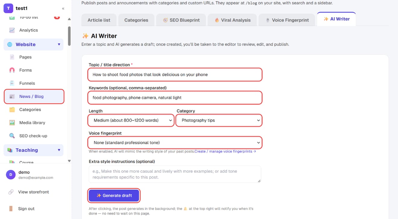 AI Writer: topic, keywords, length, category, voice fingerprint and "Generate draft"