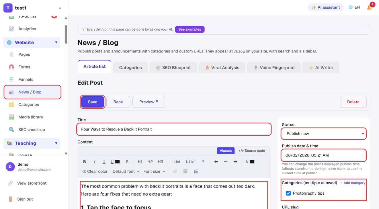 The post editor: title, content, status, publish date & time, categories and "Save"