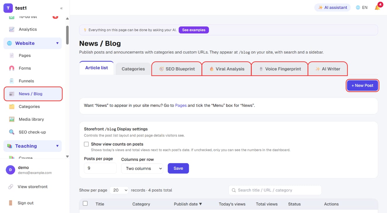 Website → News / Blog: the four AI tool tabs and "+ New Post"