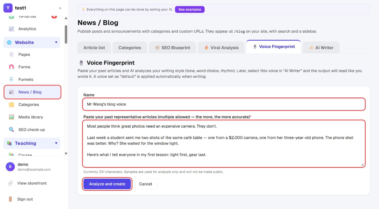 Voice Fingerprint: name, pasted sample posts and "Analyze and create"
