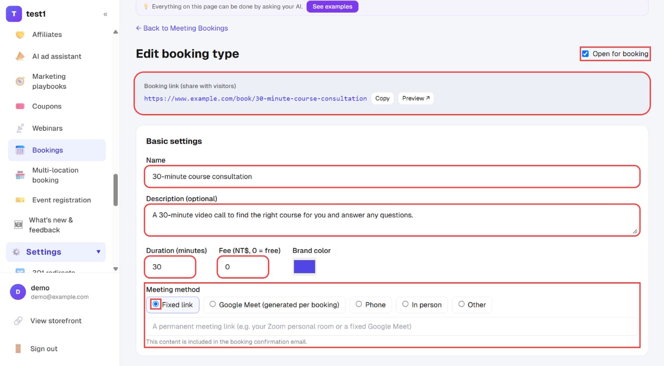 Edit booking type: open for booking, booking link, name, description, duration, fee and meeting method