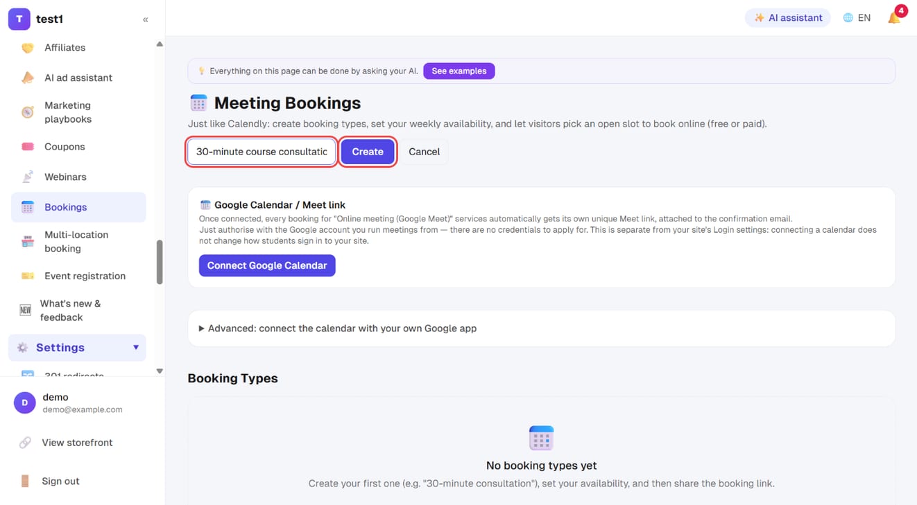 Type the booking item name and click "Create"