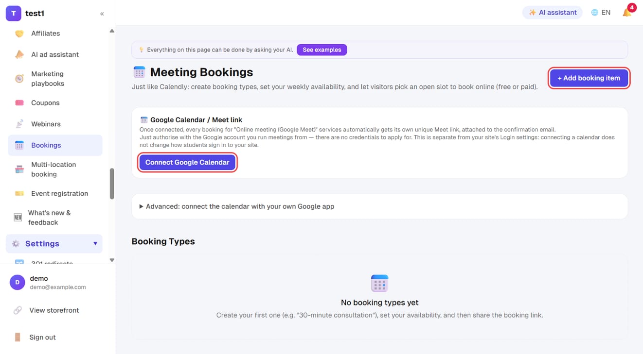 Marketing → Bookings: "Connect Google Calendar" and "+ Add booking item"