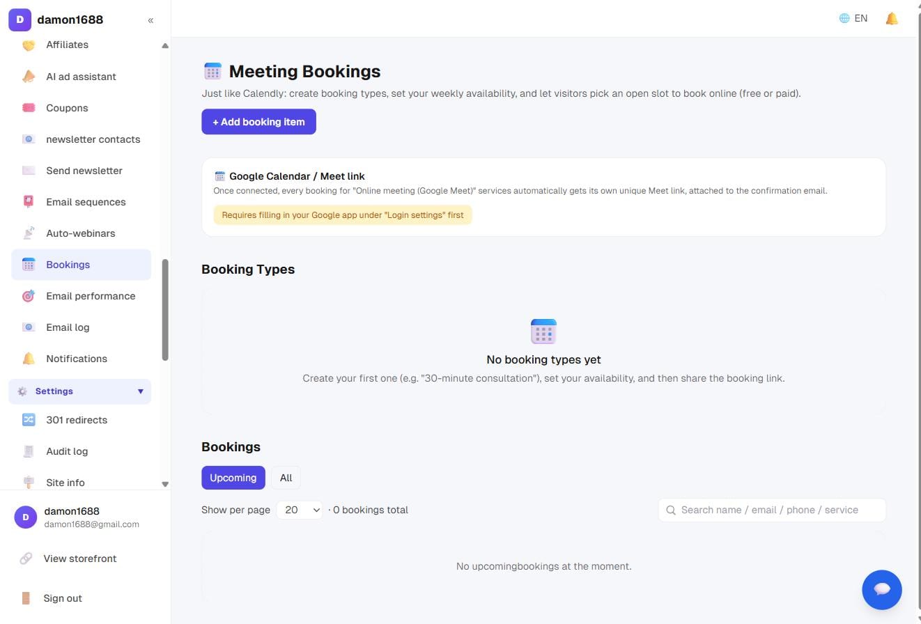 The bookings page: booking types on top, upcoming bookings underneath