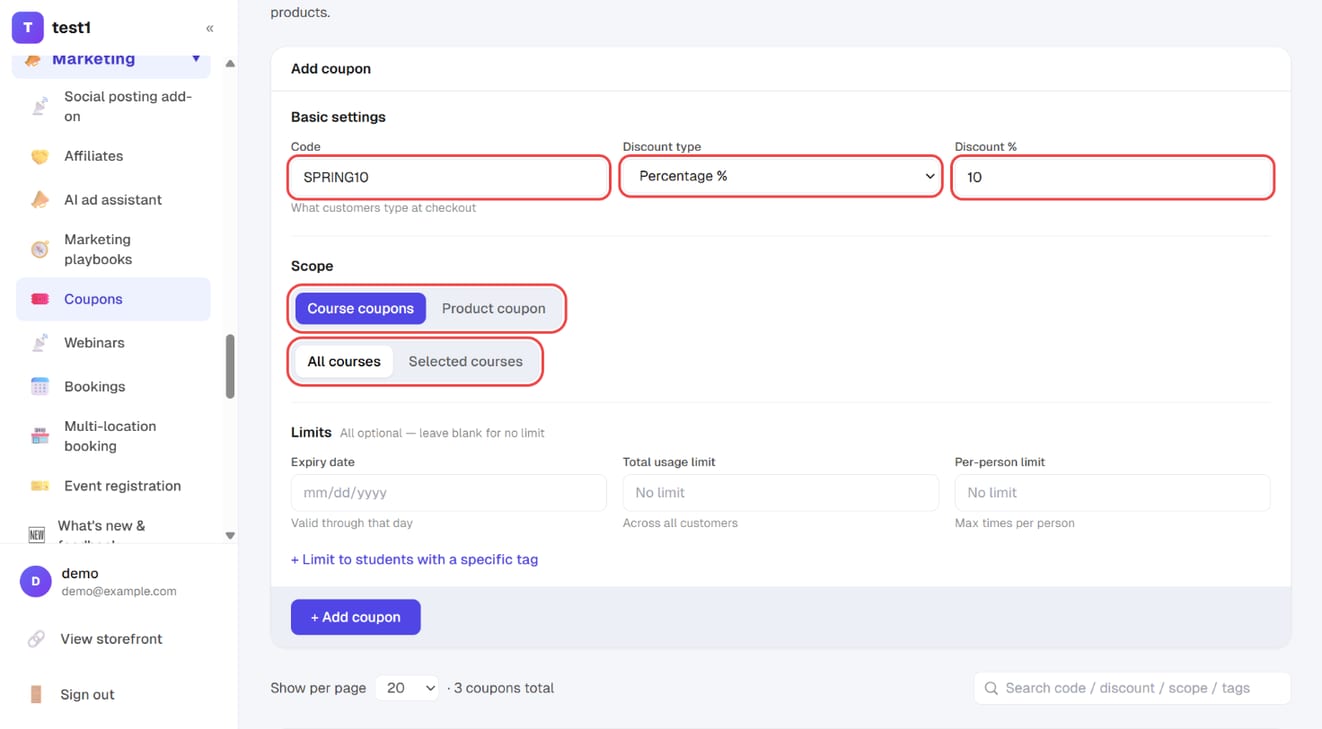 Marketing → Coupons: code, discount type, discount, course or product coupon, all or selected