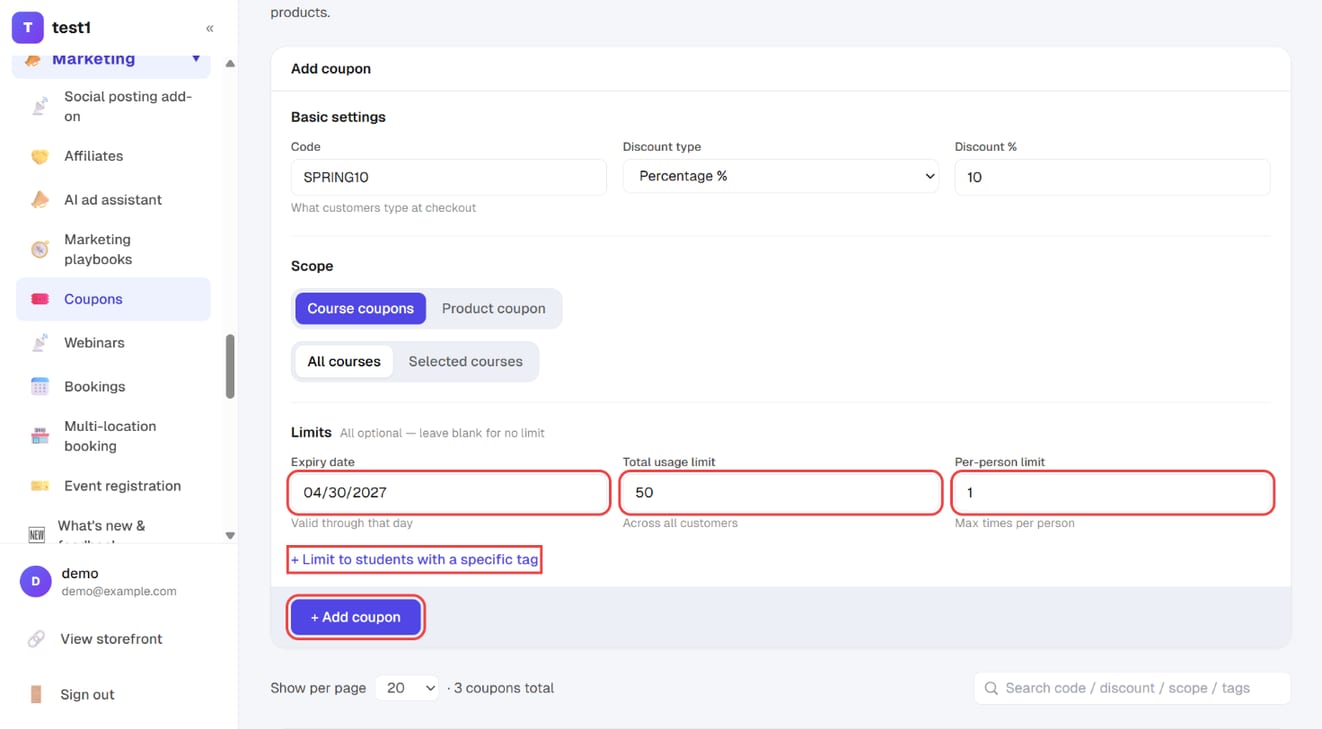 Limits: expiry date, total usage limit, per-person limit, the tag restriction and "+ Add coupon"