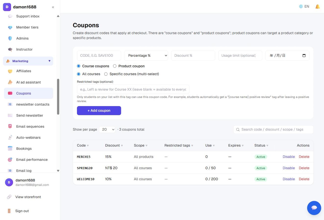 Coupon list: code, discount, scope, usage and status at a glance