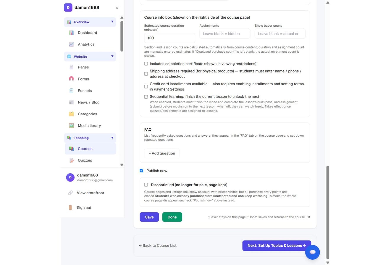 The "Publish now" and "Discontinued" toggles at the bottom of the course settings page
