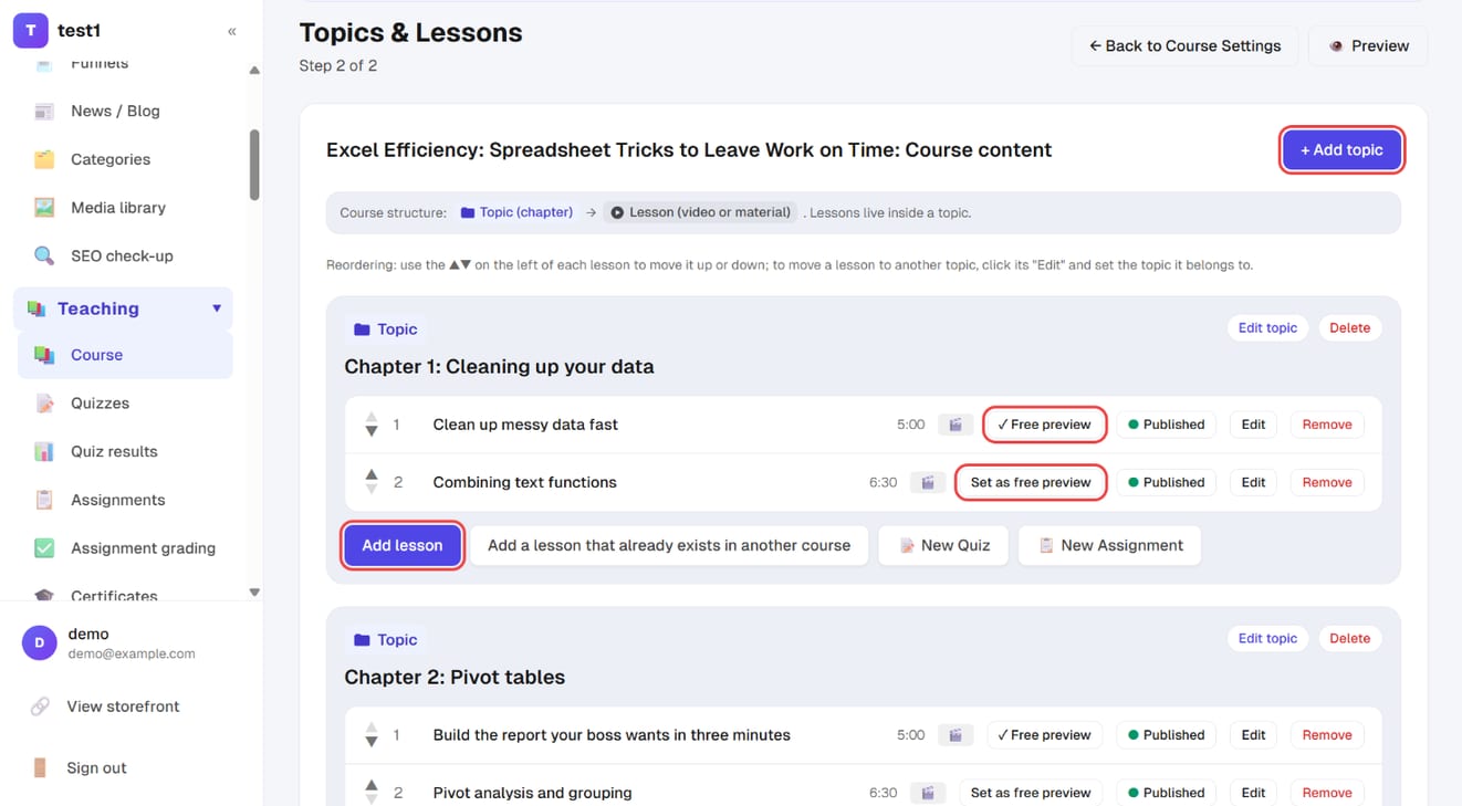 The Topics & Lessons page: add topic, add lesson, set as free preview