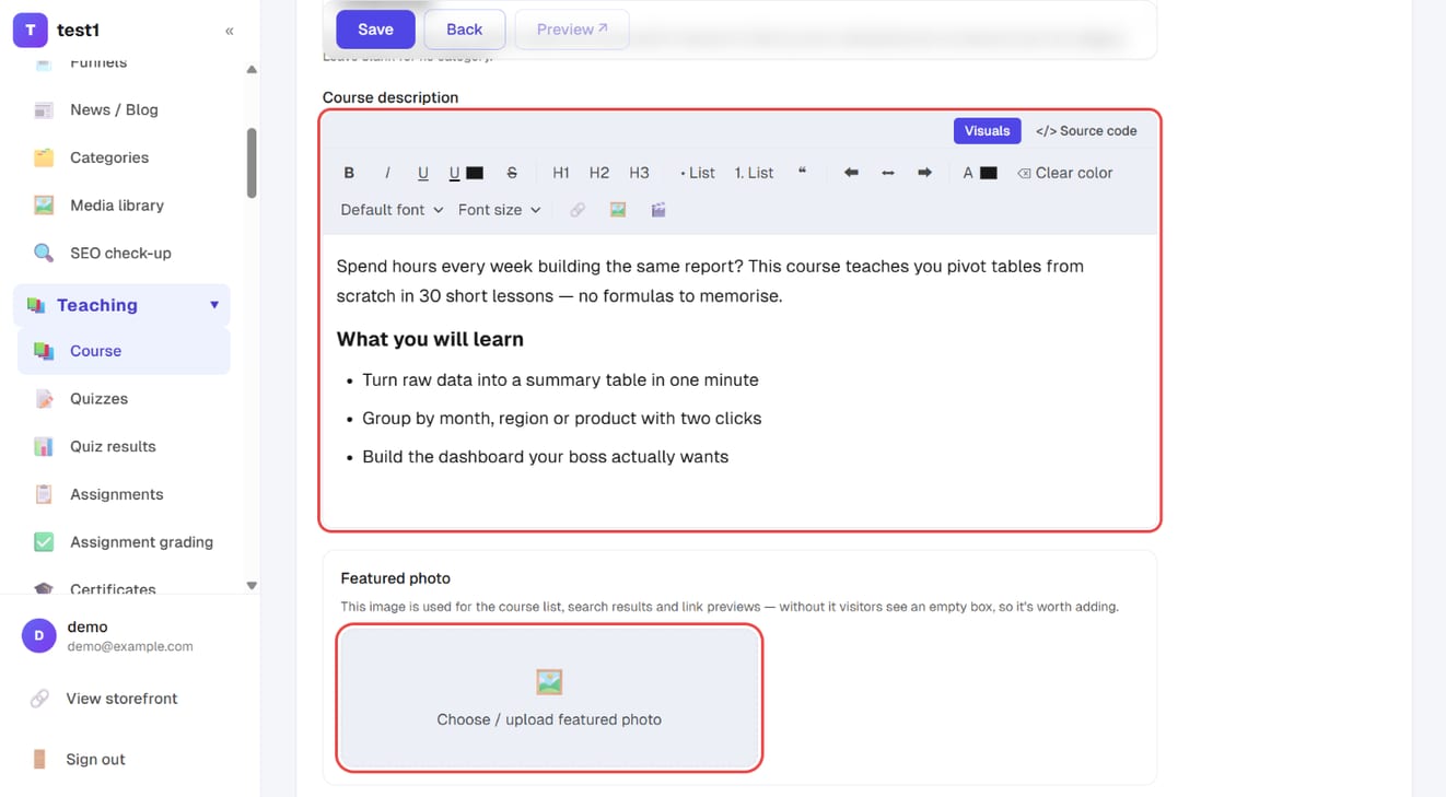 The course description editor and "Choose / upload featured photo"