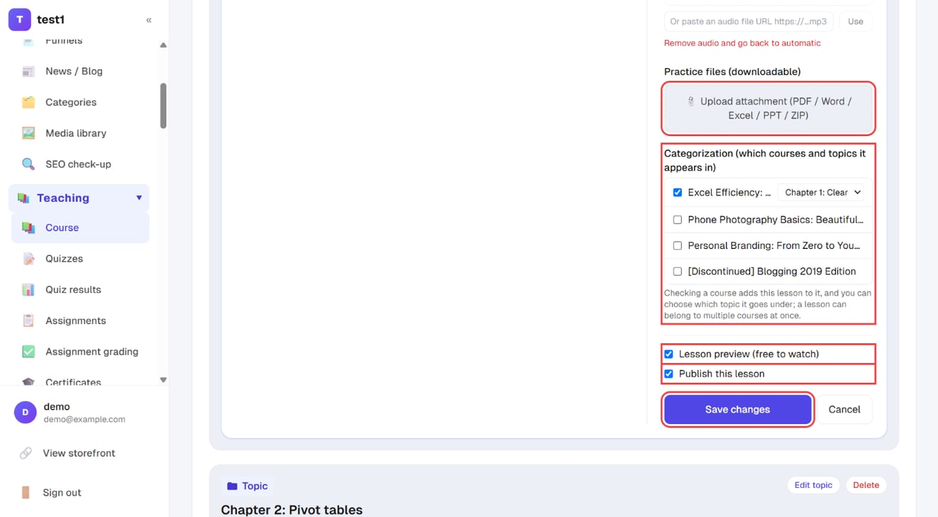 Practice files, categorization, free preview, publish this lesson and "Save changes"