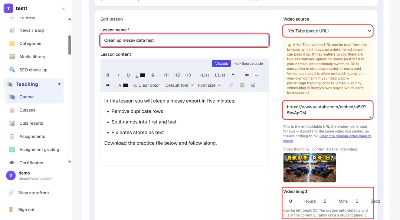 The lesson editor: lesson name, video source, video URL and video length
