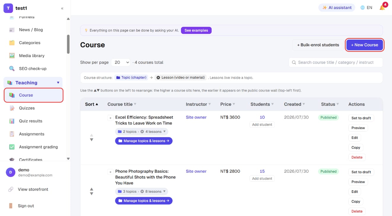 Teaching → Course: the course list, with "+ New Course" at the top right