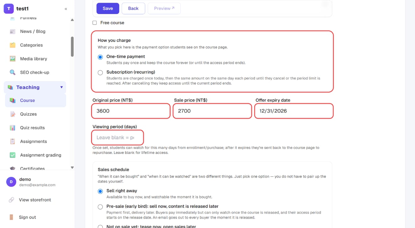 "How you charge" set to one-time payment, with original price, sale price, offer expiry date and viewing period