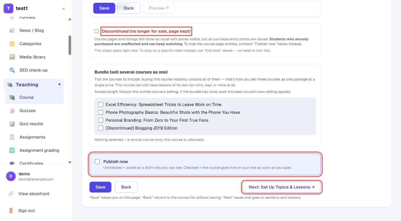 "Discontinued", "Publish now" and "Next: Set Up Topics & Lessons" at the bottom of the form