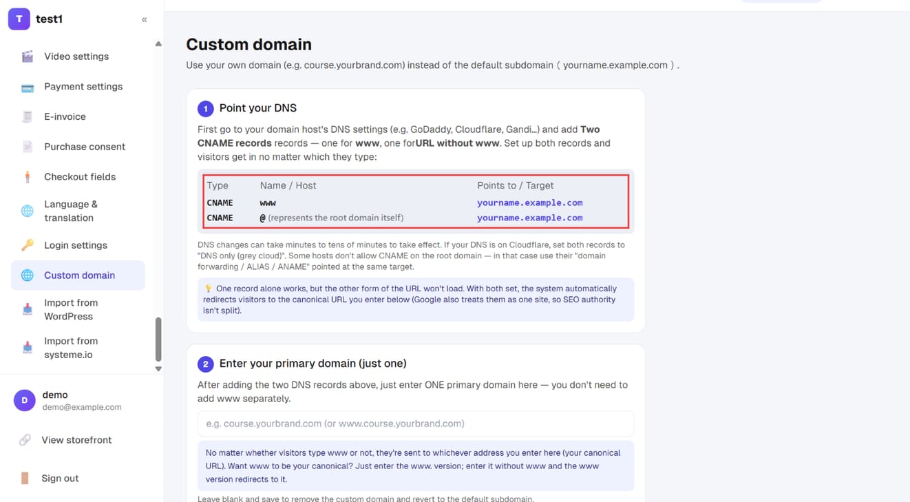 Settings → Custom domain: the table in section 1 shows the two CNAME records to add