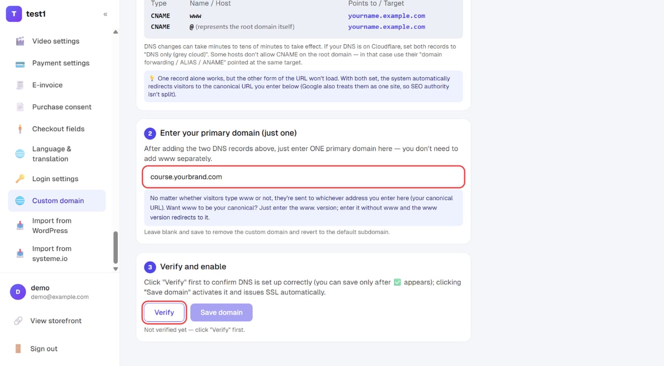 Enter your canonical address, click "Verify", and once the ✅ appears click "Save domain"